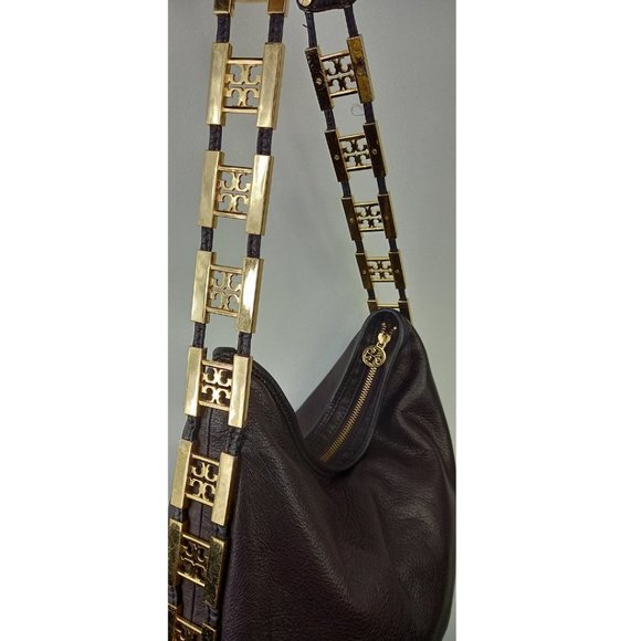Tory Burch Brown Leather Crossbody- Gold Metal Tory Burch Logo Strap.